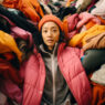 Ragazza sommersa dai vestiti fast fashion